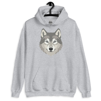 Gray hoodie with a wolf graphic on a white background