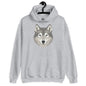 Gray hoodie with a wolf graphic on a white background