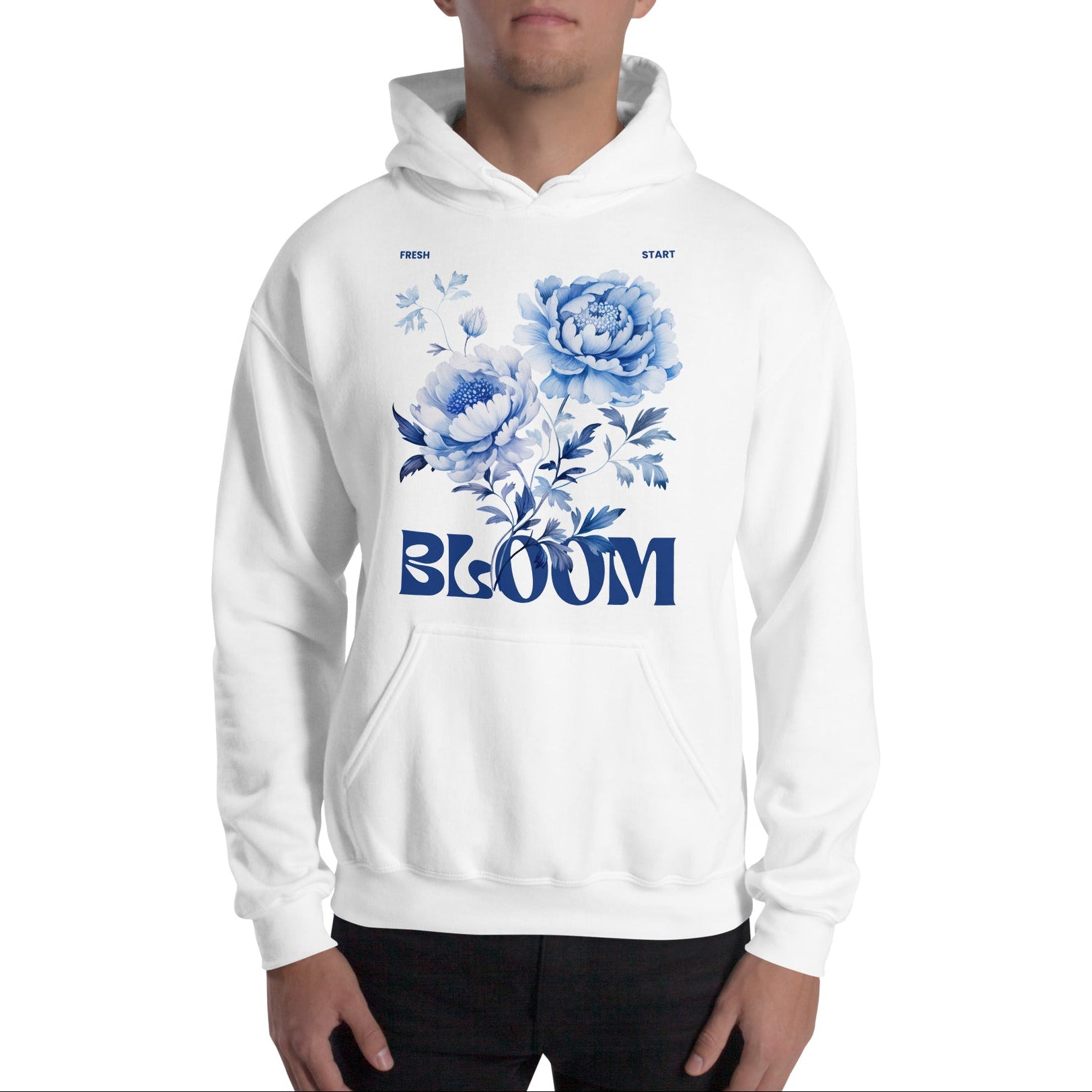 Person wearing a white hoodie with blue floral design and 'BLOOM' text on a white background