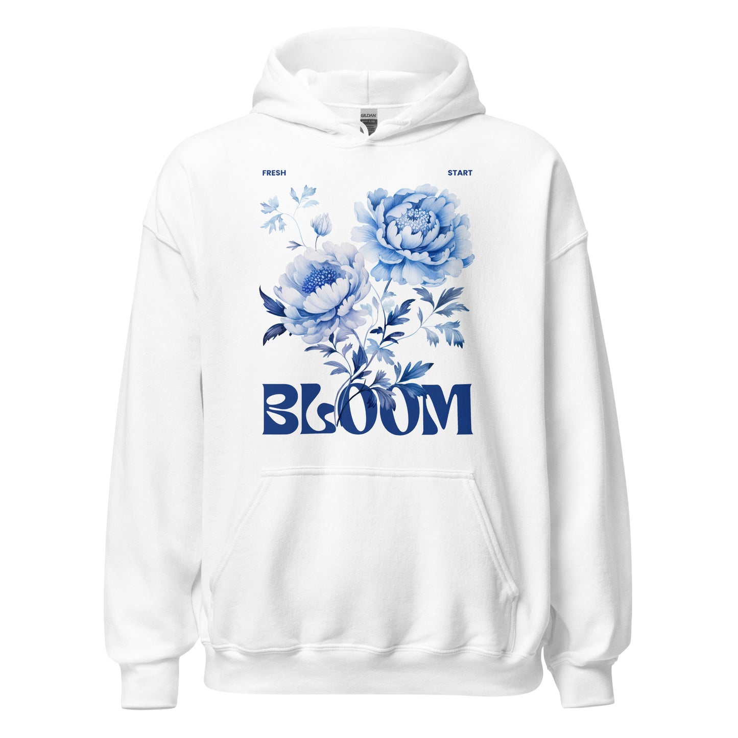 White hoodie with blue floral design and 'BLOOM' text on a white background