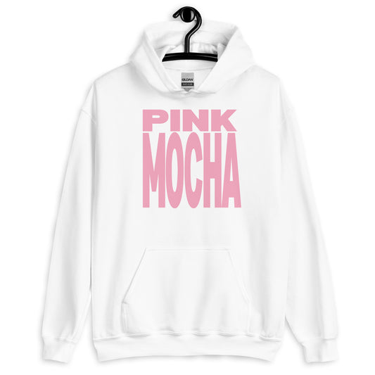 White hoodie with 'Pink Mocha' text on a white background