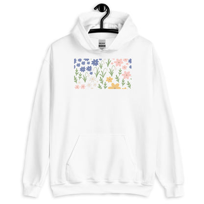 White hoodie with floral design on a hanger against a white background
