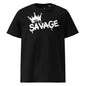Black t-shirt with 'Savage' graphic design on a white background