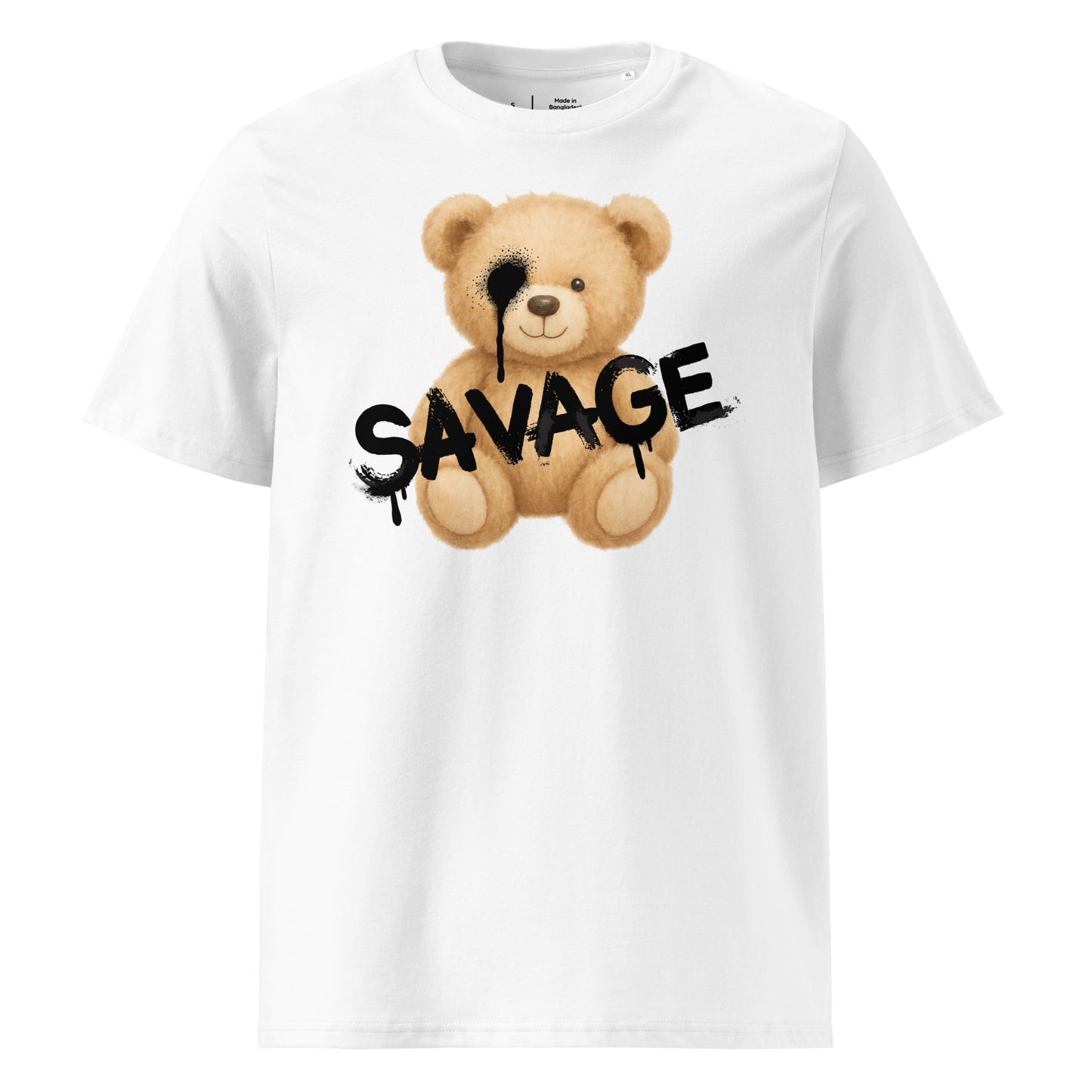 White t-shirt with a teddy bear graphic and the word 'SAVAGE' on a white background