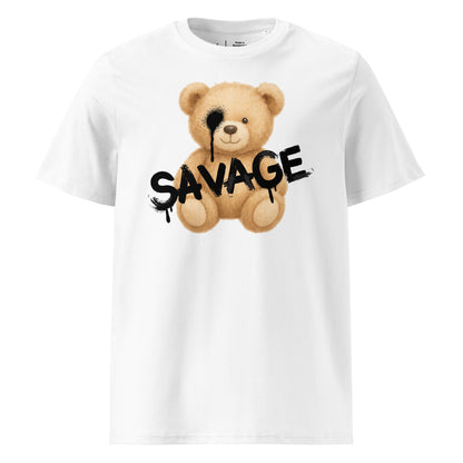White t-shirt with a teddy bear graphic and the word 'SAVAGE' on a white background