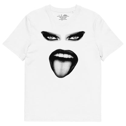 White t-shirt with black graphic design of a face on a white background