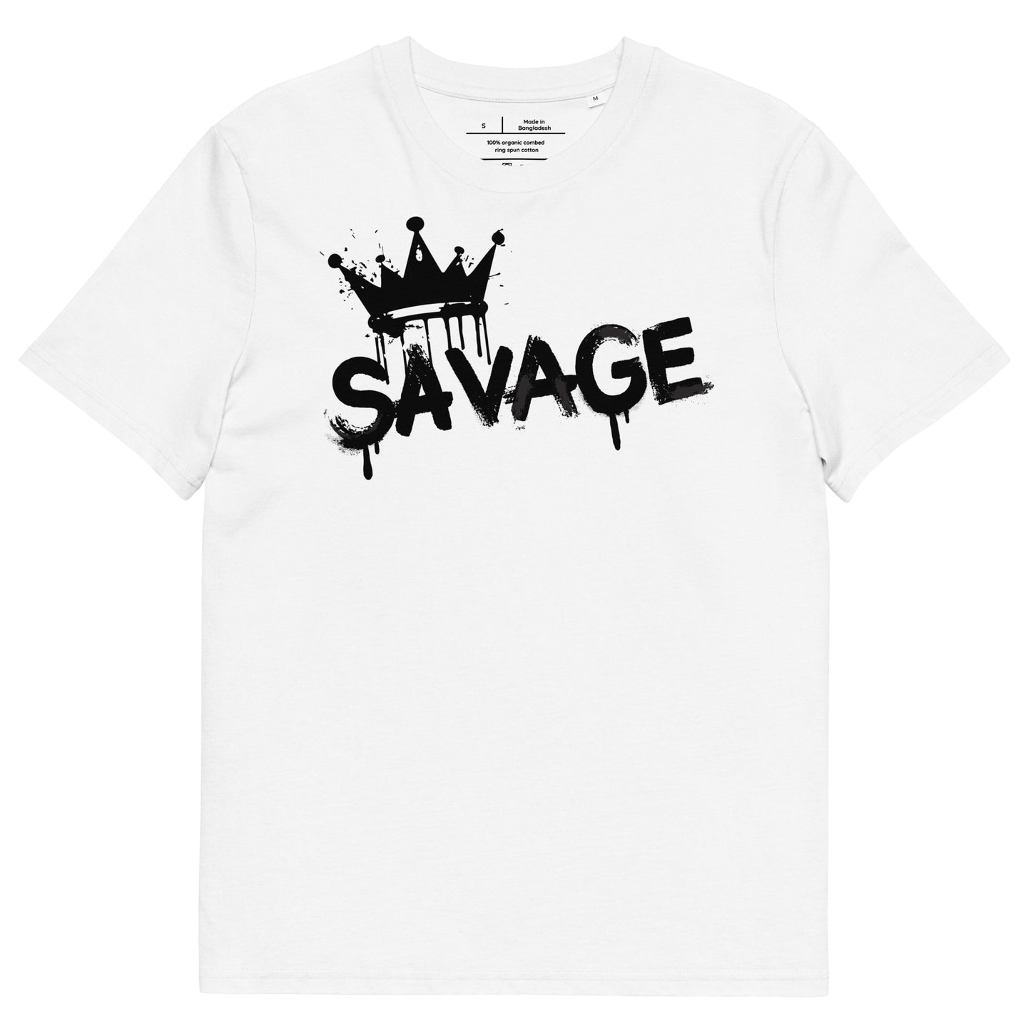 White t-shirt with 'Savage' graphic design on a white background