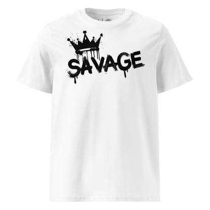 White t-shirt with 'SAVAGE' graphic design on a white background