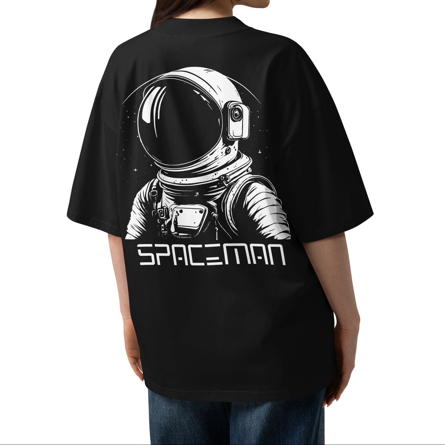 Person wearing a black t-shirt with an astronaut graphic and 'SPACEMAN' text on the back.
