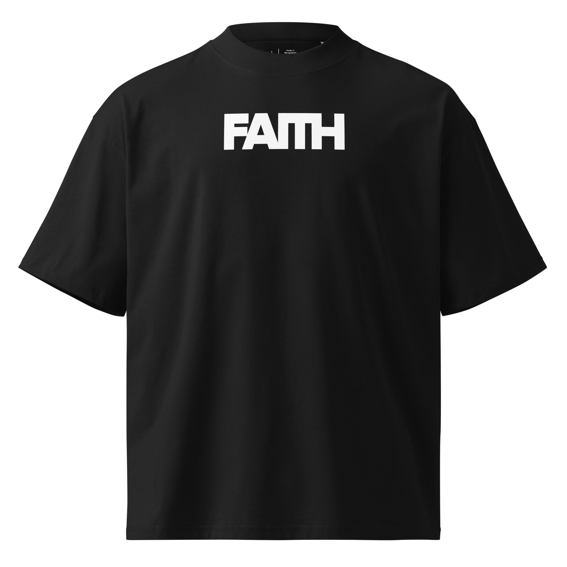 Black t-shirt with 'FAITH' printed in white on a white background