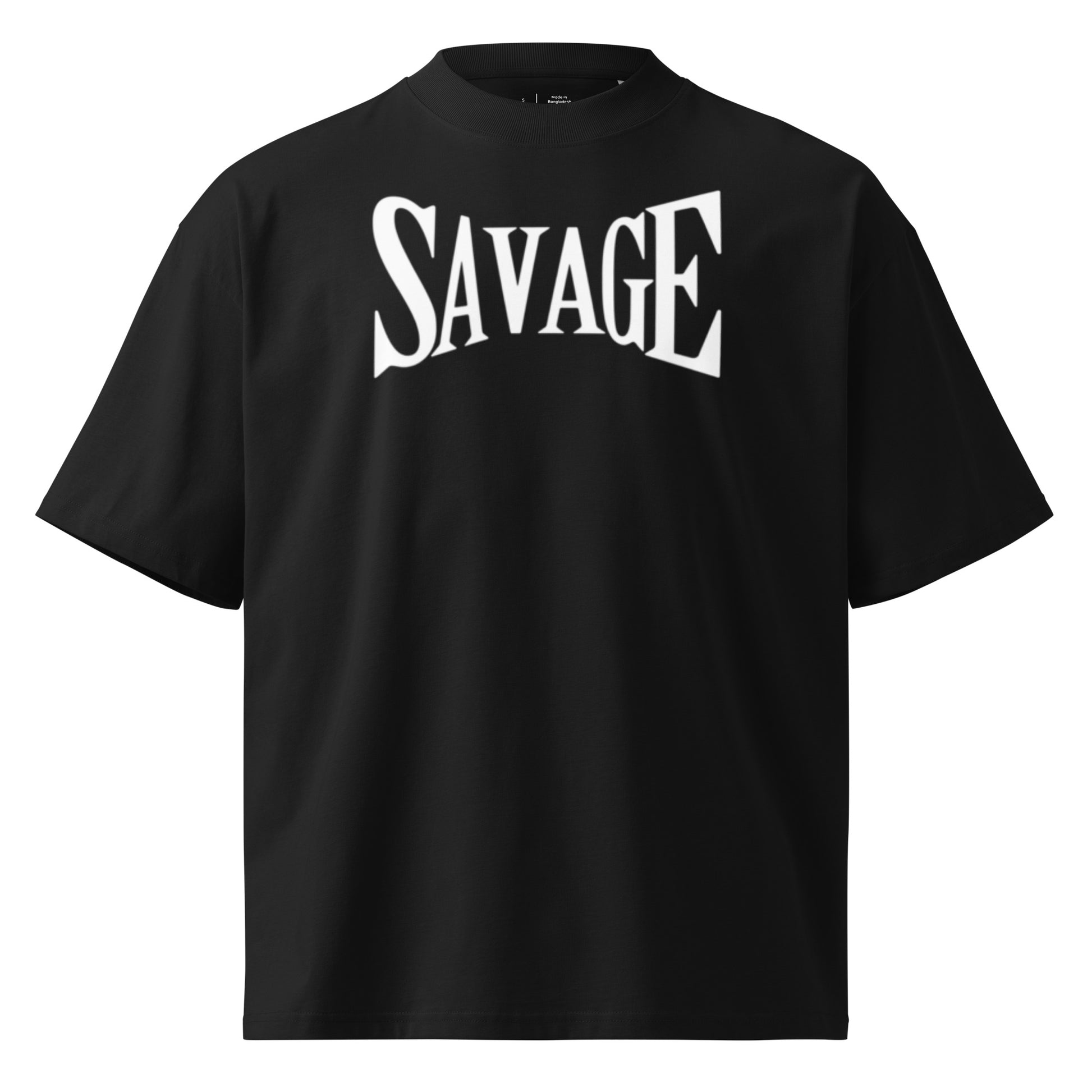 Beige t-shirt with a white square on the back featuring a black abstract design.
