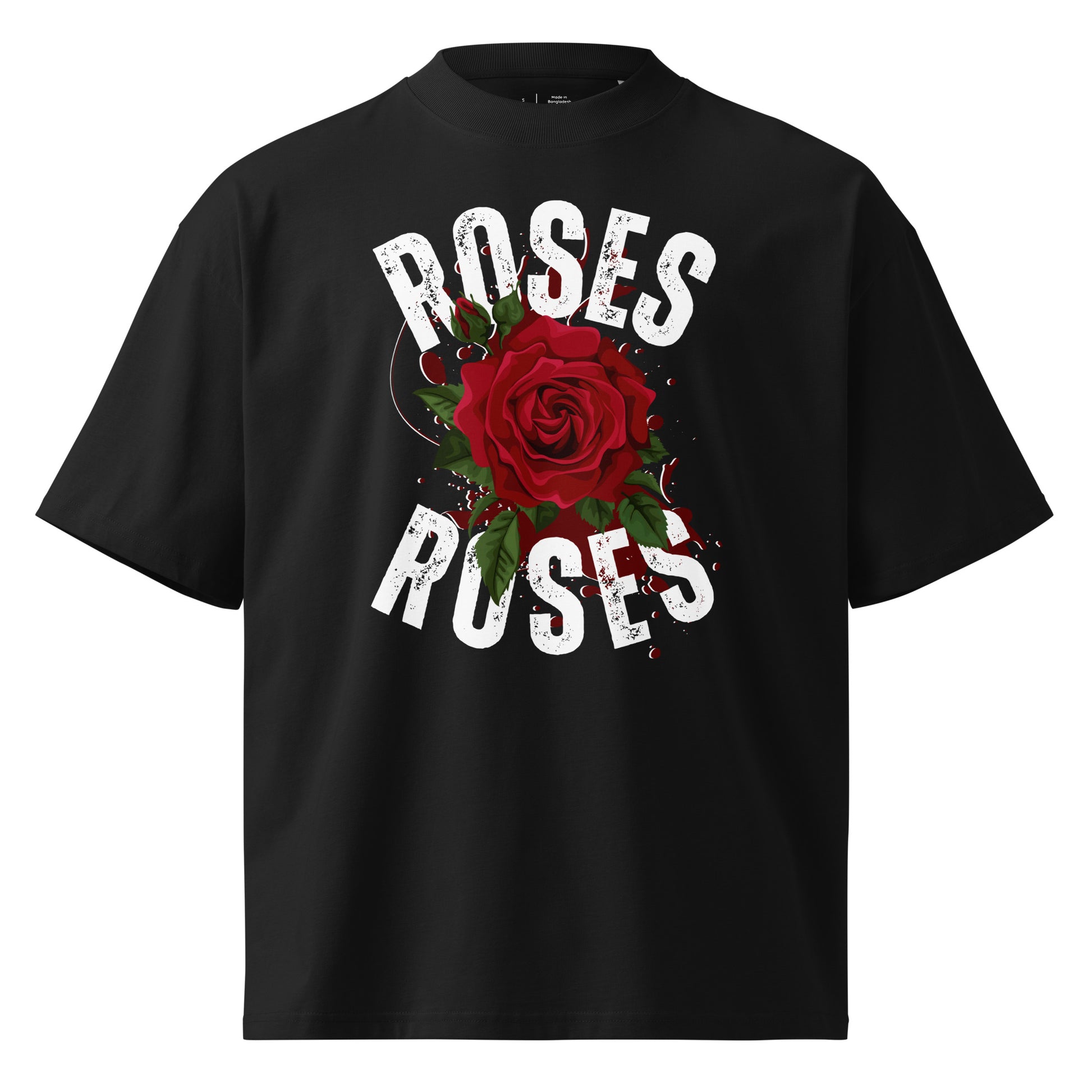 Black t-shirt with a red rose and 'ROSES ROSES' text on a white background