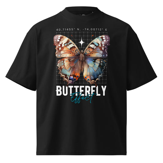 Black t-shirt with a colorful butterfly graphic and 'Butterfly Effect' text on a white background