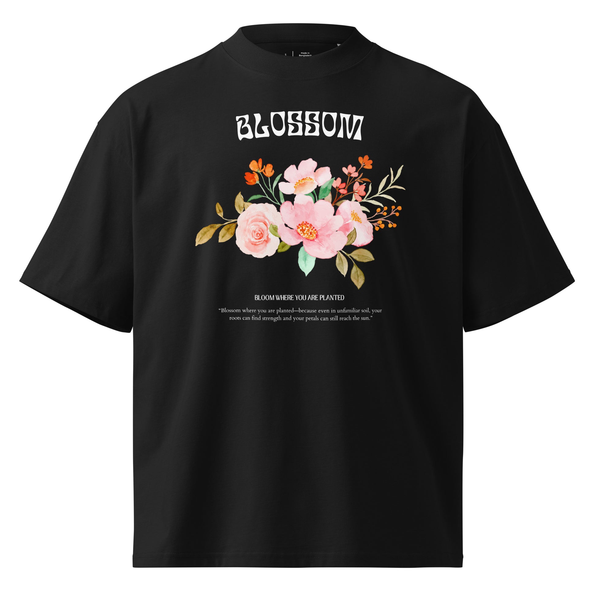 Black t-shirt with floral design and 'Blossom' text on a white background