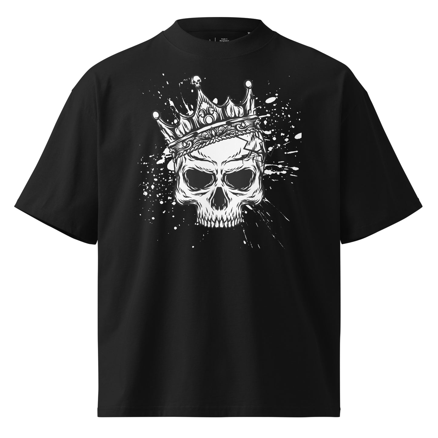 Black t-shirt with a white skull wearing a crown design on a white background