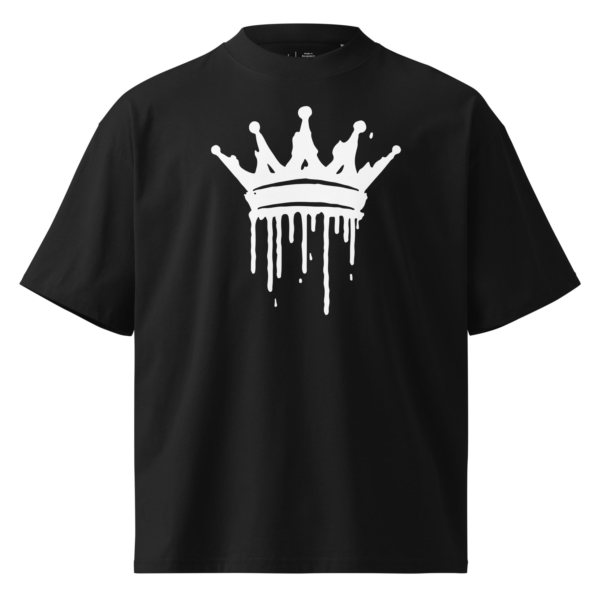 Black t-shirt with a white crown graphic on a white background