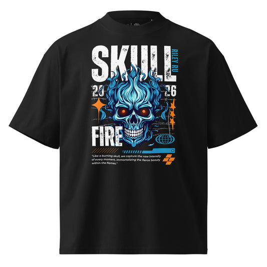 Black t-shirt with blue skull design and text on a white background