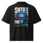 Black t-shirt with blue skull design and text on a white background