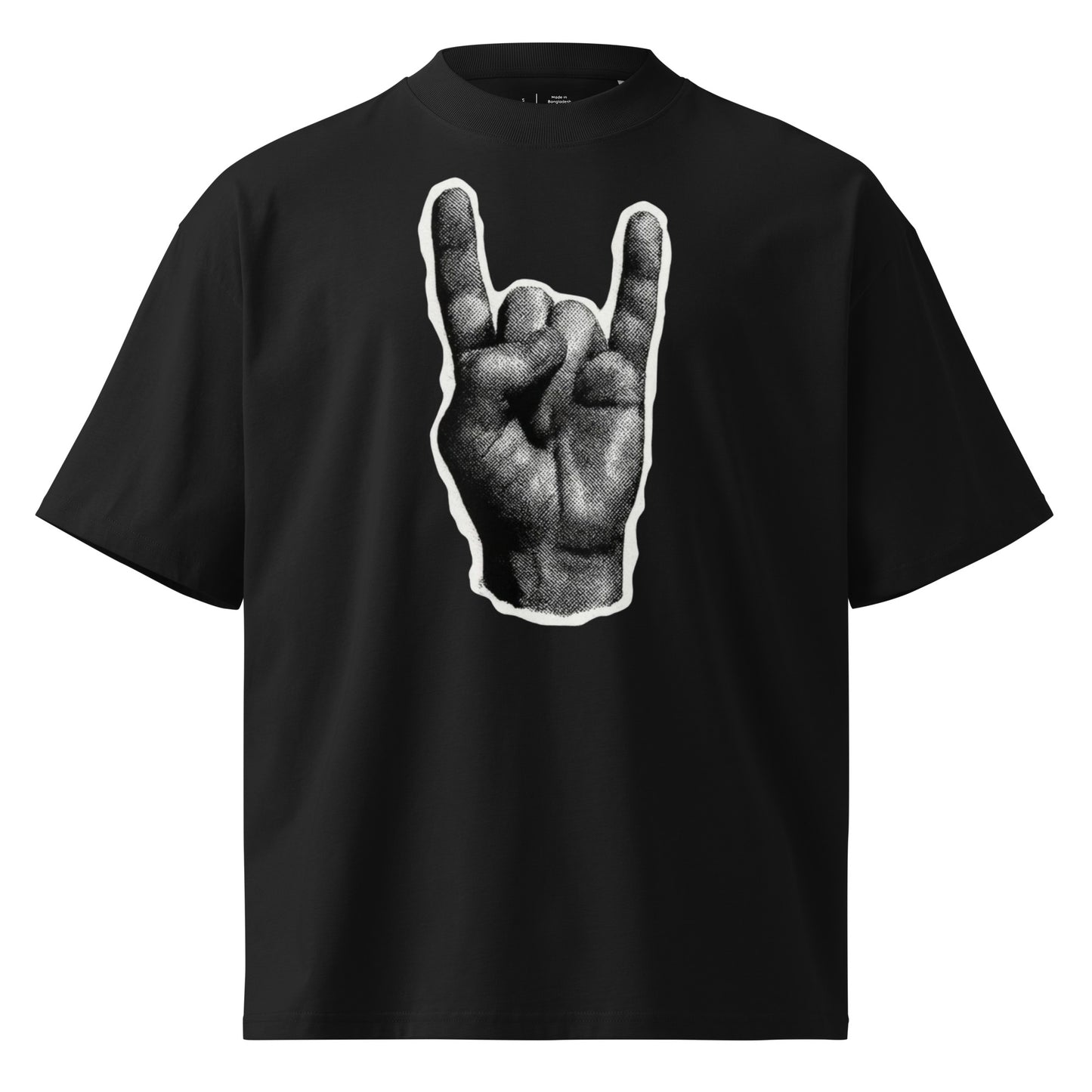 Black t-shirt with a hand gesture graphic on a white background