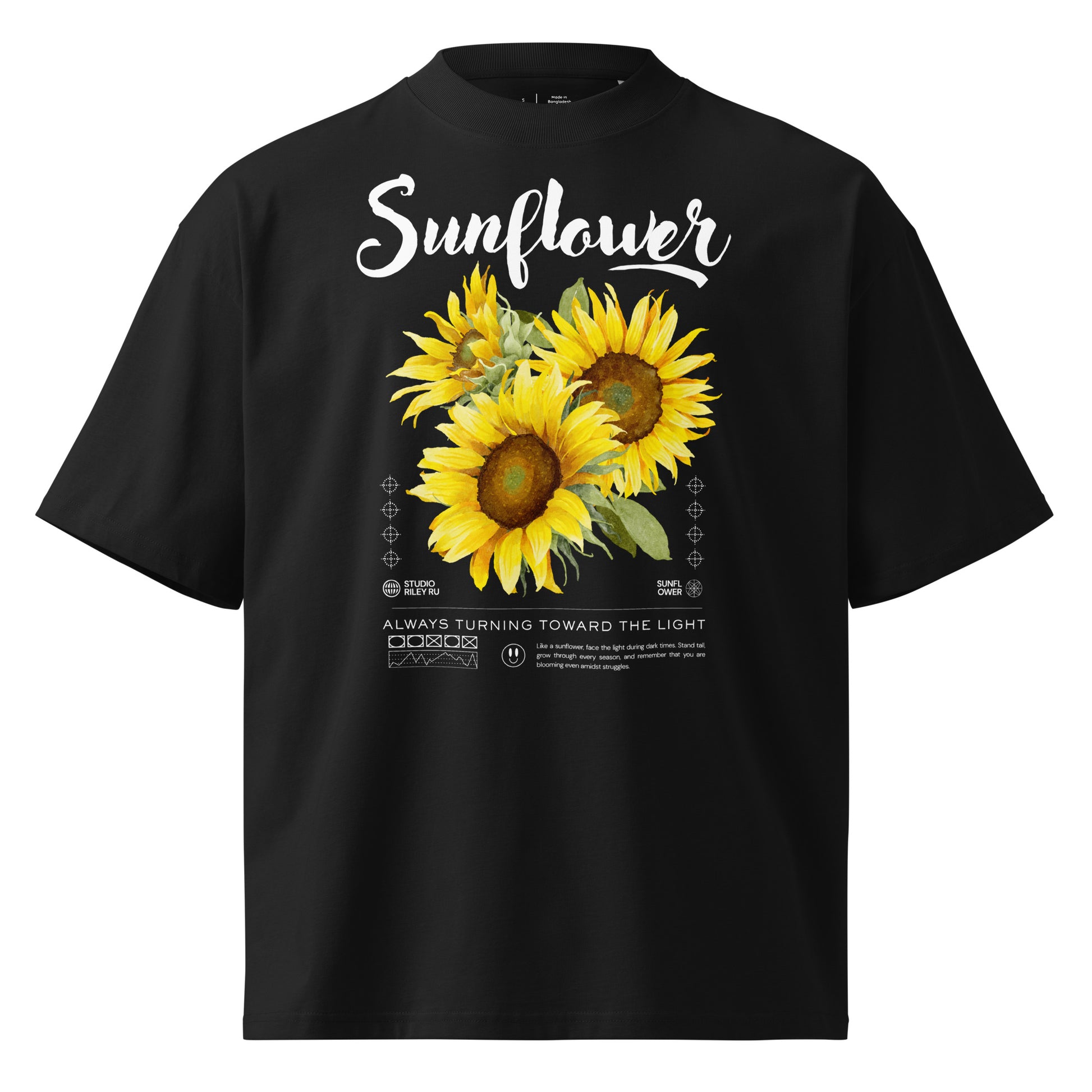 Black t-shirt with sunflower design and text on a white background