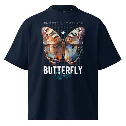 Navy blue t-shirt with a colorful butterfly graphic and 'Butterfly Effect' text on a white background