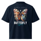 Navy blue t-shirt with a colorful butterfly graphic and 'Butterfly Effect' text on a white background