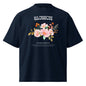 Navy blue t-shirt with floral design and text on a white background