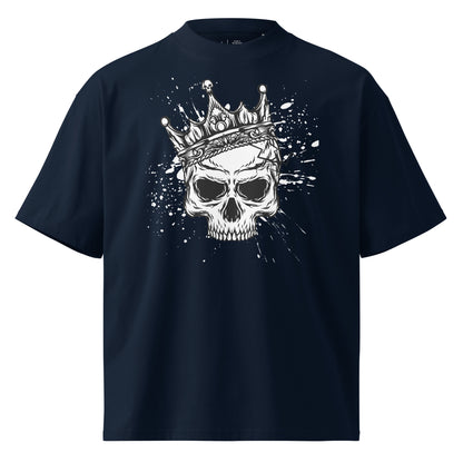 Navy blue t-shirt with a skull wearing a crown graphic on a white background