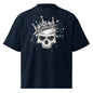 Navy blue t-shirt with a skull wearing a crown graphic on a white background
