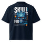 Navy blue t-shirt with a blue skull design and text on a white background
