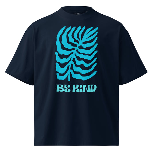 Black t-shirt with blue graphic design and 'Be Kind' text on a white background