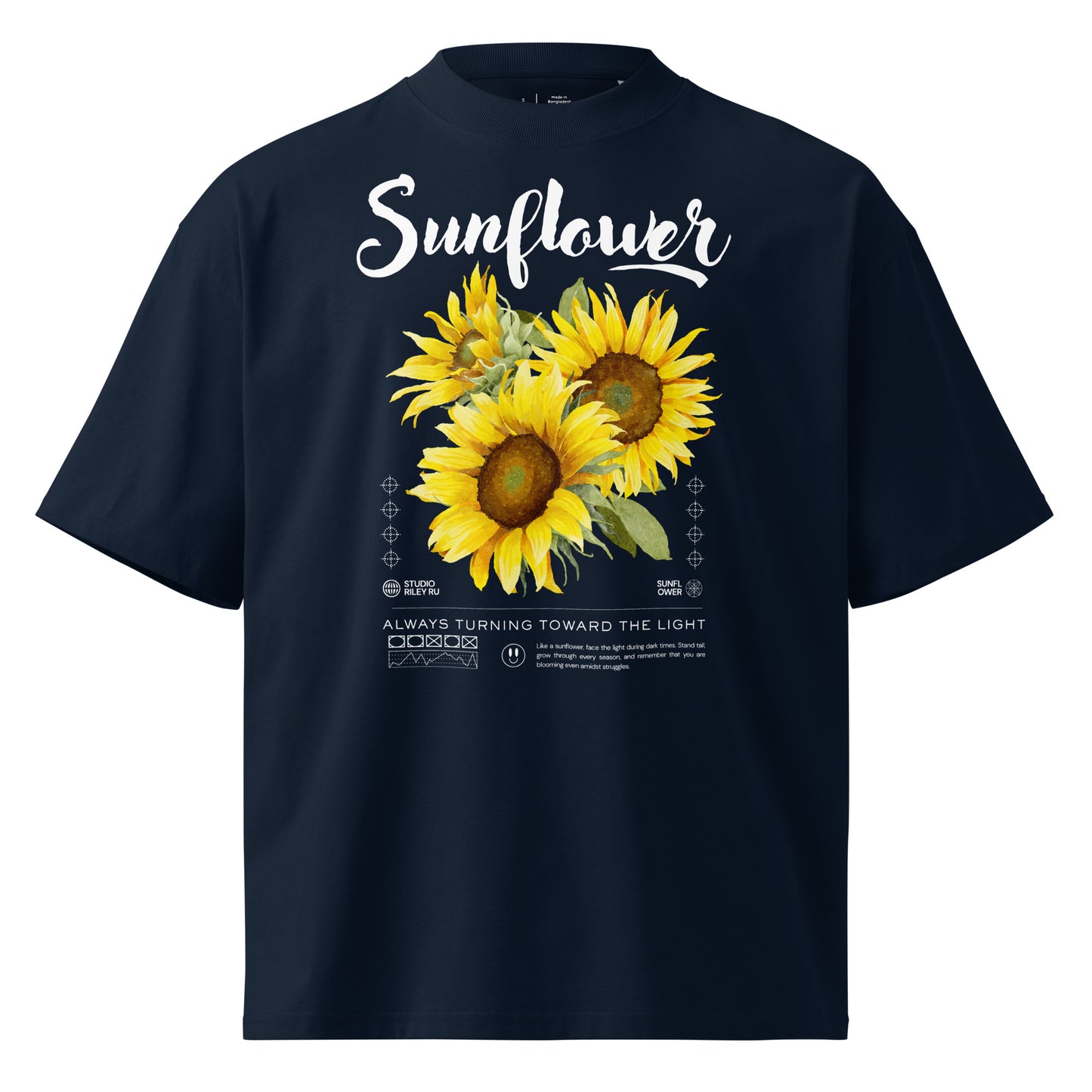Navy blue t-shirt with sunflower design and text on a white background