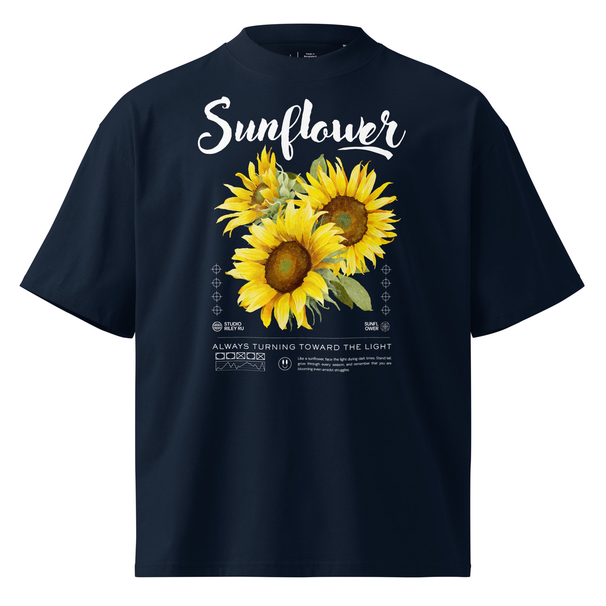 Navy blue t-shirt with sunflower design and text on a white background