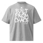 Gray t-shirt with 'Built from Chaos' text on a white background