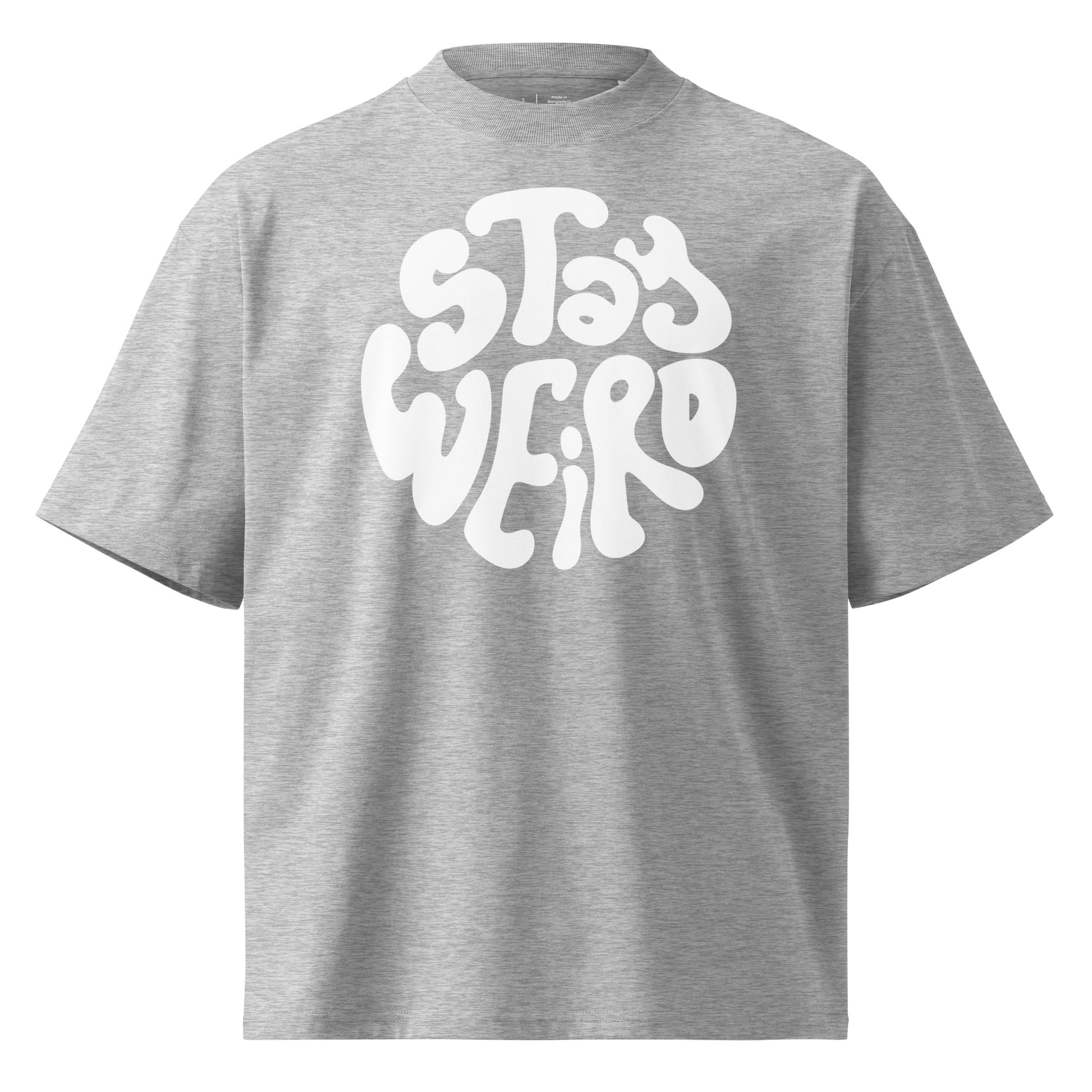 Gray t-shirt with a white logo on the back against a white background