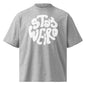 Gray t-shirt with a white logo on the back against a white background