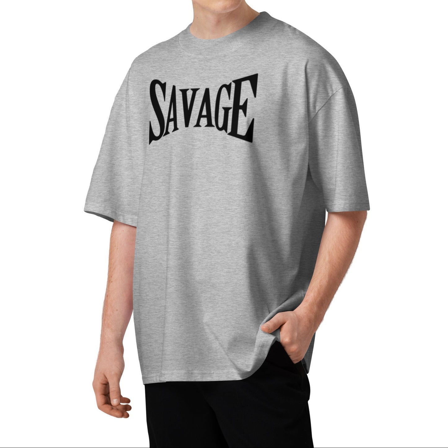 Person wearing a gray t-shirt with 'SAVAGE' text on a white background