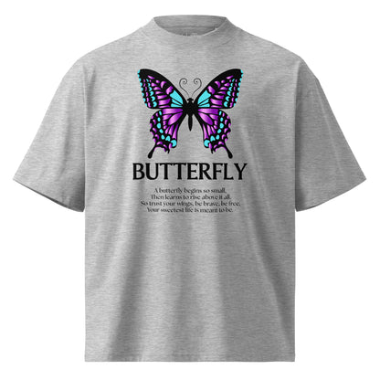 Gray t-shirt with a butterfly graphic and text on a white background