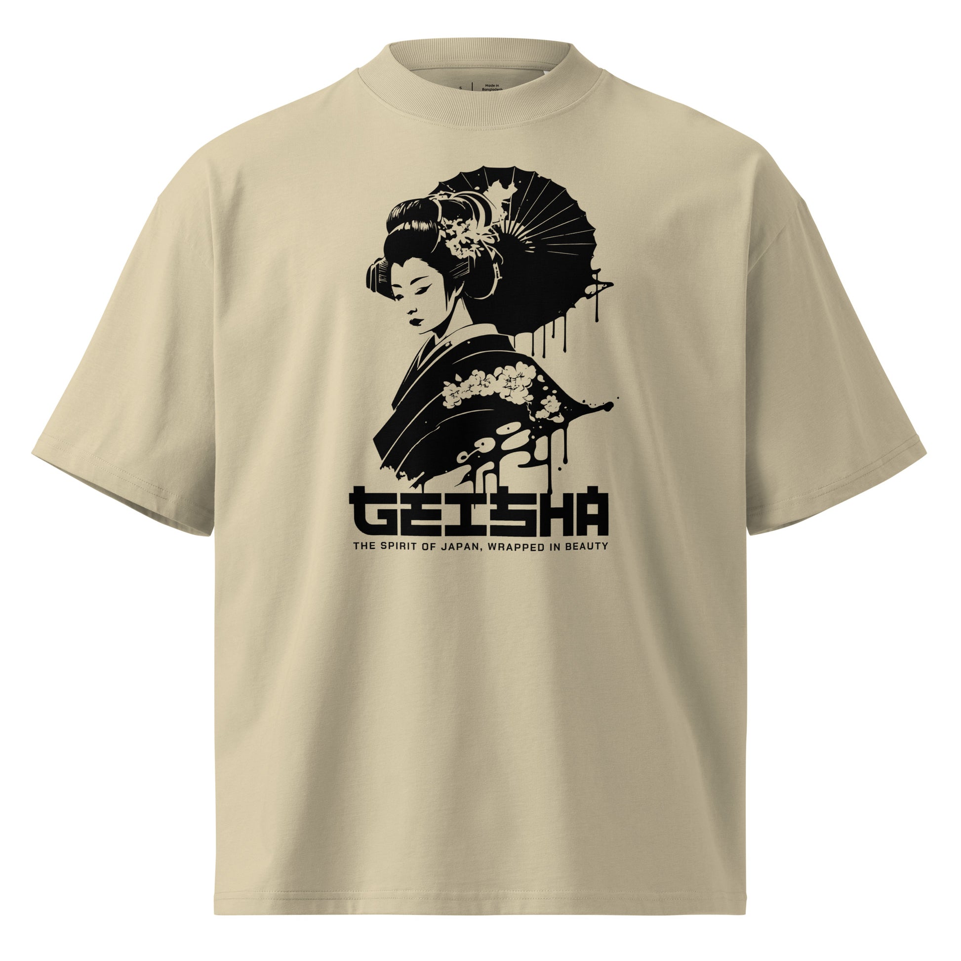 Beige t-shirt with black geisha design and text on a white background
