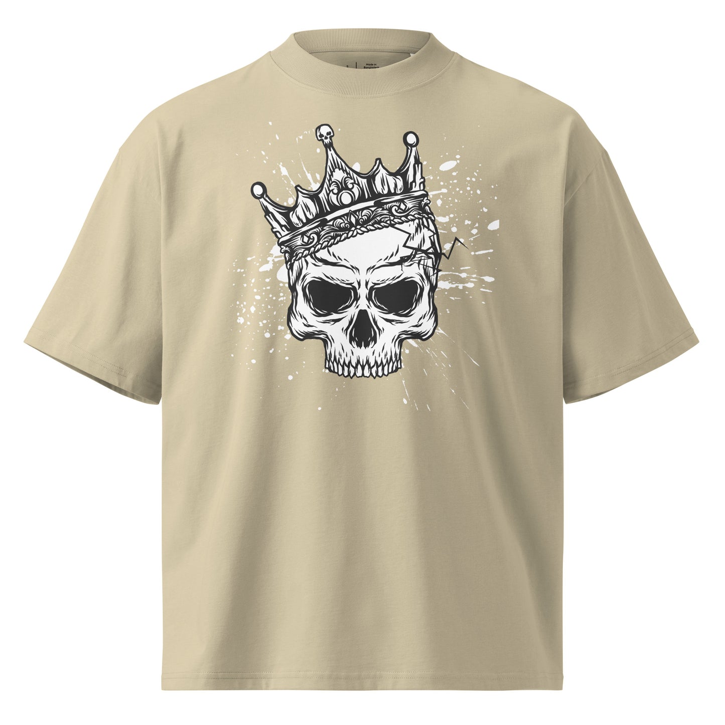 Beige t-shirt with a skull wearing a crown graphic on a white background