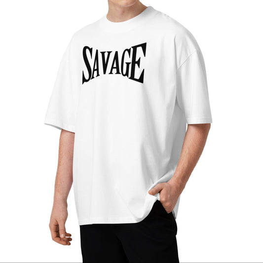 Person wearing a white t-shirt with 'SAVAGE' printed on it against a white background