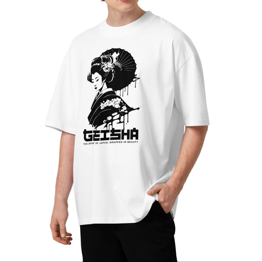Person wearing a white t-shirt with a black graphic design and text on a white background