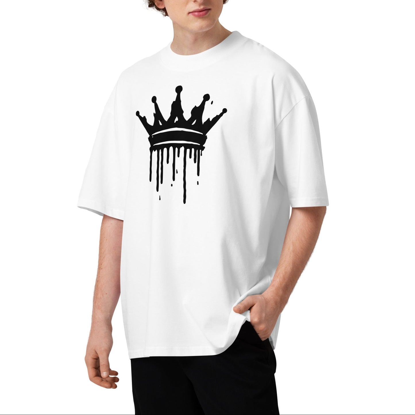 Person wearing a white t-shirt with a black crown graphic on a white background