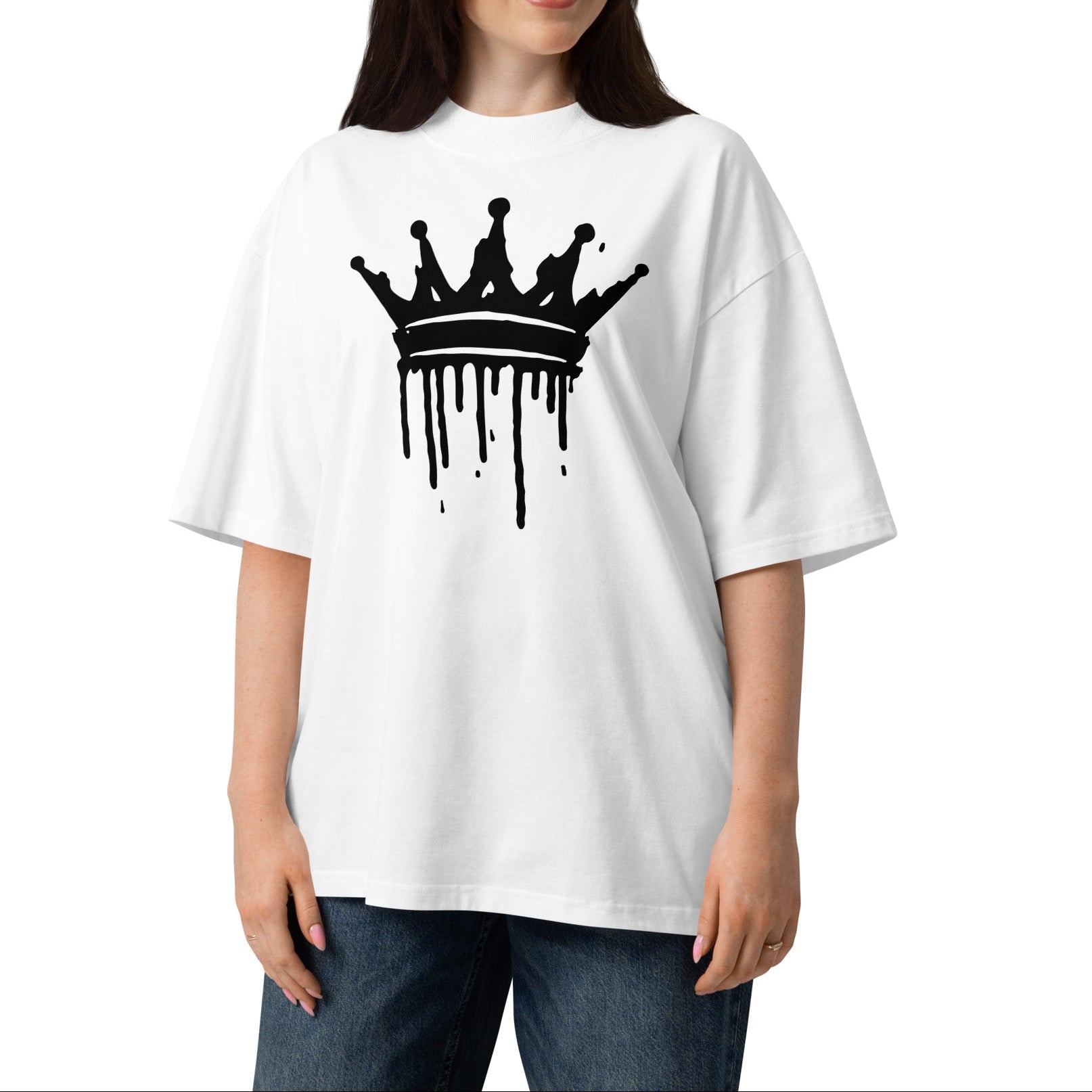 Woman wearing a white t-shirt with a black logo on a white background