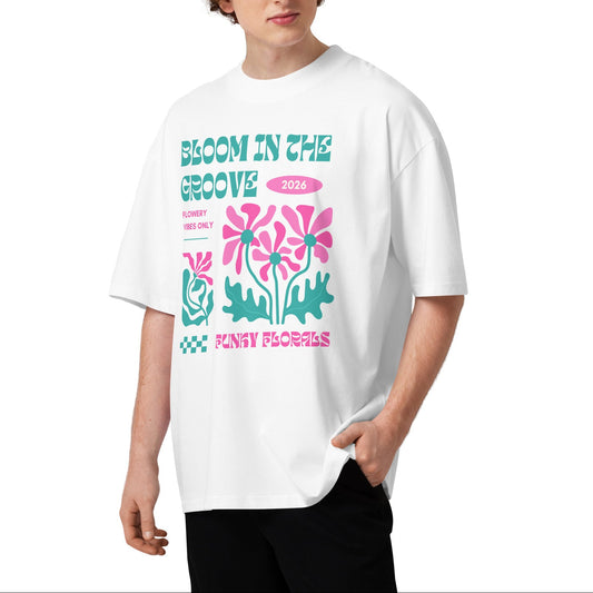 Person wearing a white t-shirt with colorful graphics and text on a white background
