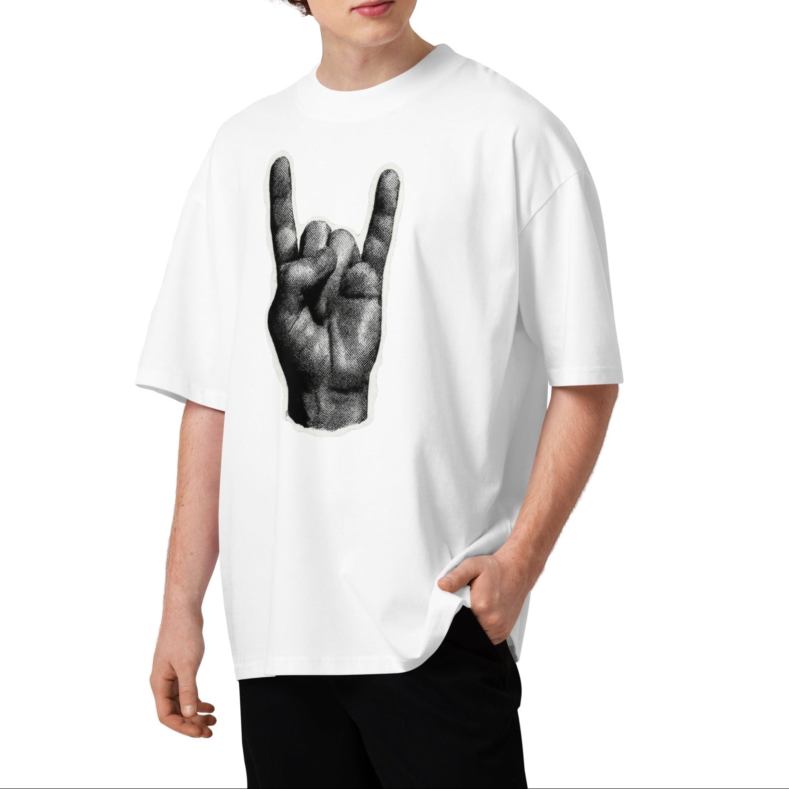 Person wearing a white t-shirt with a black hand gesture design on a white background
