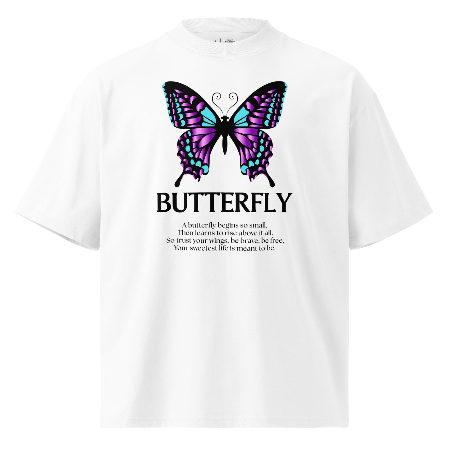 White t-shirt with a butterfly graphic and text on a white background