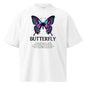 White t-shirt with a butterfly graphic and text on a white background