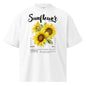 White t-shirt with sunflower design and text on a white background