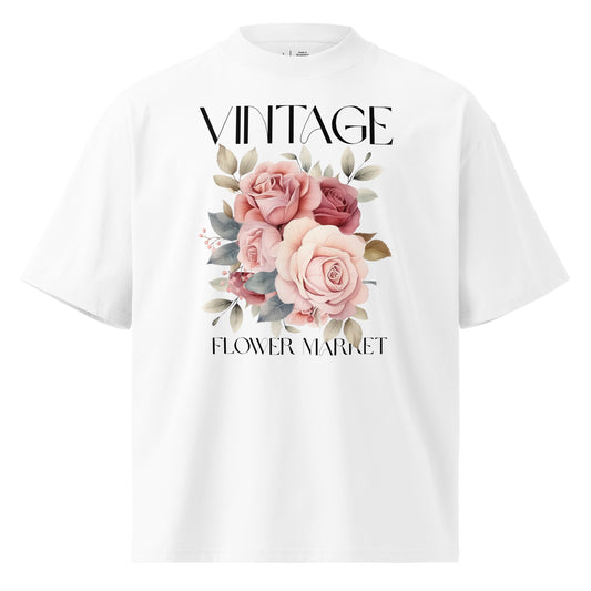 White t-shirt with floral design and text on a white background
